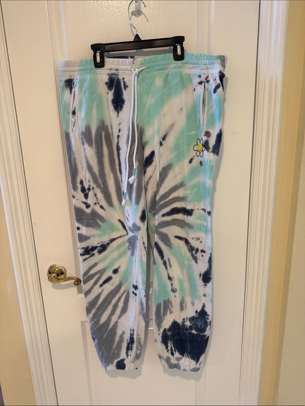 P.J. Salvage Tie-Dye Joggers in Mint, Navy & White with Floral Patch